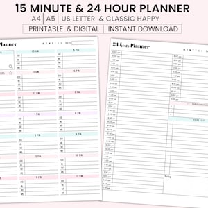 Planejador de 15 minutos, planejador de 24 horas, bloqueio de tempo, programação diária, planejador de produtividade, programação de 30 minutos, A4, A5, carta dos EUA, HP Classic
