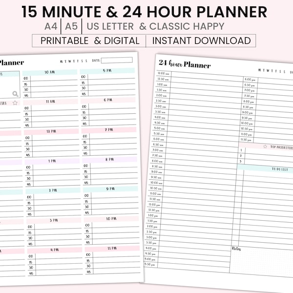 15 Minute Planner, 24 hour Planner, Time Blocking, Daily Schedule, Productivity Planner, 30 minute Schedule , A4,A5, Us letter, HP Classic