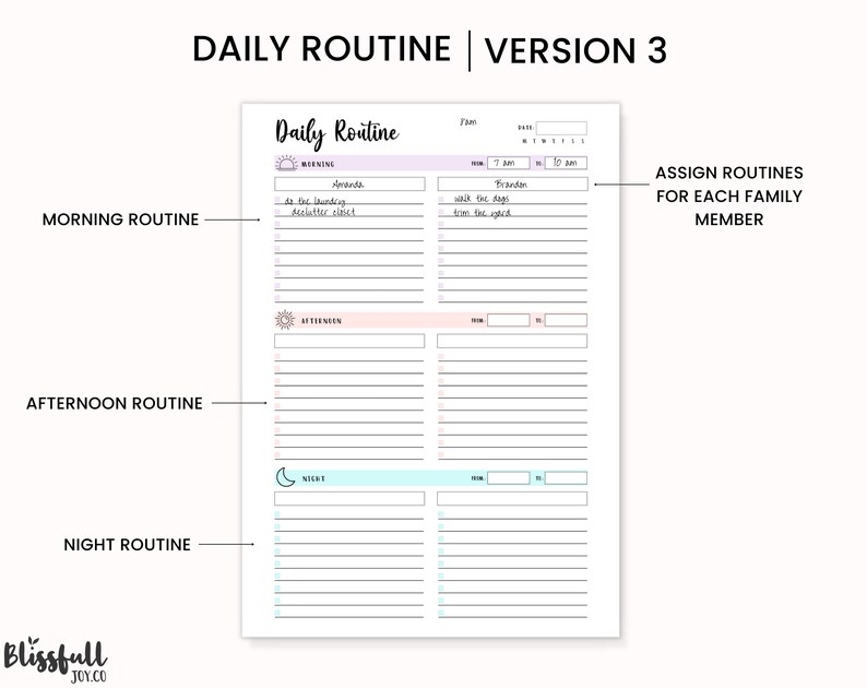 Peut inclure: Un planificateur de routine quotidienne imprimable avec des sections pour le matin, l'apr&egrave;s-midi et la nuit. Le planificateur a de l'espace pour &eacute;crire des t&acirc;ches et des heures pour chaque section. Le texte "Assigner des routines &agrave; chaque membre de la famille" est en haut de la page.
