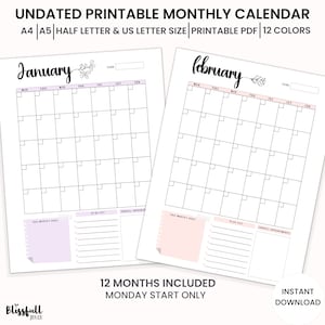 Undated Calendar Planner Insert , Monthly Planner, Monthly Calendar, to ...