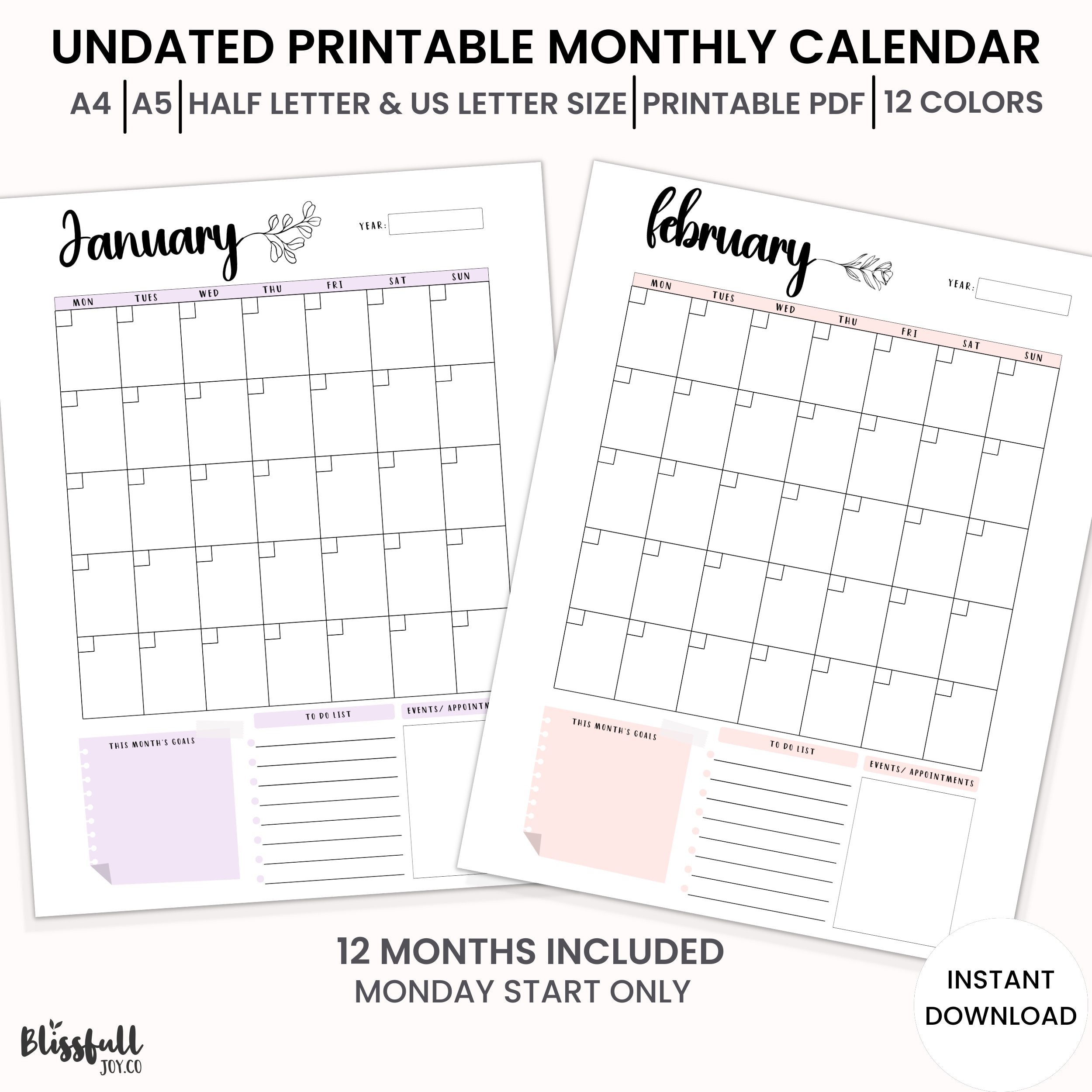 Undated Calendar Planner Insert , Monthly Planner, Monthly Calendar, to ...