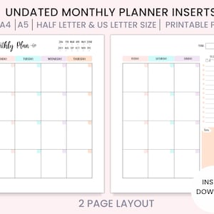 Undated Monthly Planner Printable, Monthly Calendar Inserts, Undated ...