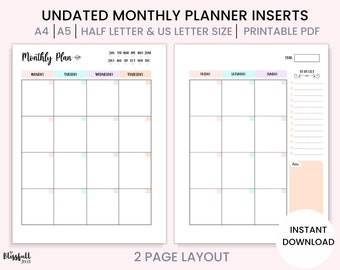 Undated Monthly Planner Printable, Monthly Calendar Inserts, Undated Monthly Inserts, Productivity Planner A4, A5 , Letter, Half size PDF