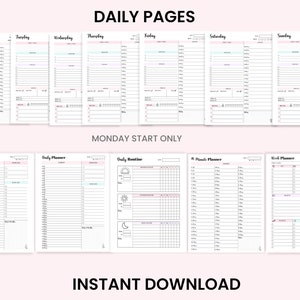 Puede incluir: P&aacute;ginas de planificador diario imprimibles con un inicio el lunes. Incluye p&aacute;ginas de planificador diario, semanal y de rutina. Las p&aacute;ginas son blancas con texto negro y acentos rosa claro y azul.