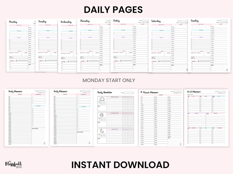 Puede incluir: P&aacute;ginas de planificador diario imprimibles con un inicio el lunes. Incluye p&aacute;ginas de planificador diario, semanal y de rutina. Las p&aacute;ginas son blancas con texto negro y acentos rosa claro y azul.