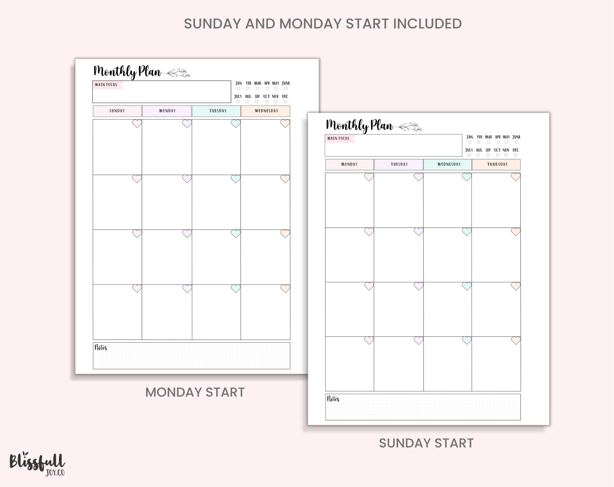Undated Pastel Monthly Planner, Printable 2 Page Spread , Heart ...