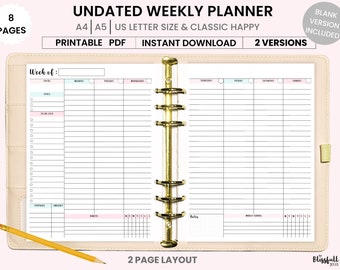 Undated Weekly Planner,Weekly Schedule,WO2P, Week at a glance,Printable Planner Inserts, Weekly To Do, Monday Start, Blank template PDF