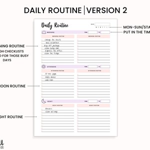 Peut inclure: Un planificateur de routine quotidienne imprimable avec des sections pour le matin, l'apr&egrave;s-midi et la nuit. Le planificateur comprend des listes de contr&ocirc;le pour chaque section et un espace pour &eacute;crire les heures de chaque activit&eacute;. Le planificateur est con&ccedil;u pour aider les gens &agrave; rester organis&eacute;s et &agrave; suivre leurs t&acirc;ches quotidiennes.