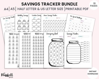 Printable Savings Tracker, House Savings , Emergency fund, Tracker Bundle, Savings Challenge, Savings Jar, A4,A5, Us letter, Half Size, PDF