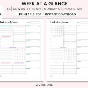 Die Woche auf einen Blick, Wochenziele, Wochenübersicht, Wochenplaner, Wochenplaner, Checkliste, Habit tracker, A4, A5, US Letter PDF Printable