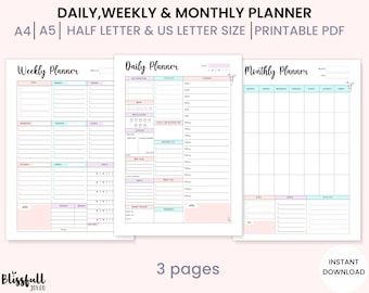 Daily Planner, Weekly Planner, Monthly Planner, Planner Inserts, A4, A5, Half Letter, Us letter, Productivity Planner, Planner Bundle PDF