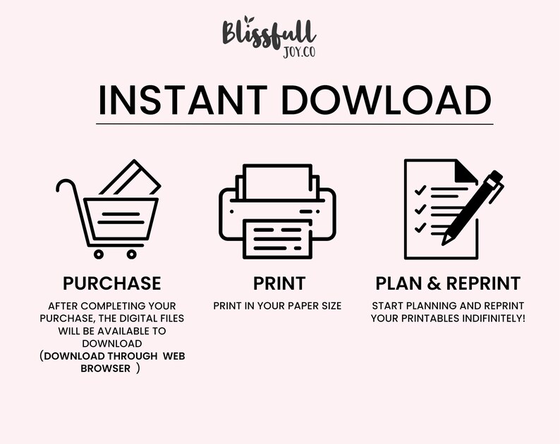 May include: Black and white illustration of a shopping cart, printer, and checklist with a pen. The text "INSTANT DOWNLOAD" is at the top of the image. The text "PURCHASE" is below the shopping cart. The text "PRINT" is below the printer. The text "PLAN & REPRINT" is below the checklist. The text "AFTER COMPLETING YOUR PURCHASE, THE DIGITAL FILES WILL BE AVAILABLE TO DOWNLOAD (DOWNLOAD THROUGH WEB BROWSER)" is below the text "PURCHASE". The text "PRINT IN YOUR PAPER SIZE" is below the text "PRINT". The text "START PLANNING AND REPRINT YOUR PRINTABLES INDIFINITELY!" is below the text "PLAN & REPRINT".