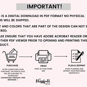 Puede incluir: Una ilustraci&oacute;n en blanco y negro que muestra los pasos para descargar, imprimir y volver a imprimir un producto digital. Los pasos son: Compra, Imprimir y Planificar y volver a imprimir. El texto dice: "Esta es una descarga digital en formato PDF. No se enviar&aacute;n art&iacute;culos f&iacute;sicos. El texto y los colores que forman parte del dise&ntilde;o no se pueden alterar. Aseg&uacute;rese de tener Adobe Acrobat Reader u otro visor de PDF antes de abrir e imprimir este producto."