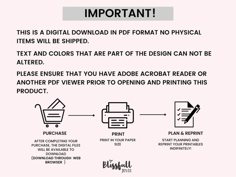 Puede incluir: Una ilustraci&oacute;n en blanco y negro que muestra los pasos para descargar, imprimir y volver a imprimir un producto digital. Los pasos son: Compra, Imprimir y Planificar y volver a imprimir. El texto dice: "Esta es una descarga digital en formato PDF. No se enviar&aacute;n art&iacute;culos f&iacute;sicos. El texto y los colores que forman parte del dise&ntilde;o no se pueden alterar. Aseg&uacute;rese de tener Adobe Acrobat Reader u otro visor de PDF antes de abrir e imprimir este producto."