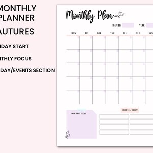 May include: A printable monthly planner with a light purple background. The planner features a calendar grid with spaces for each day of the week, a section for monthly focus, and a section for holidays and events.