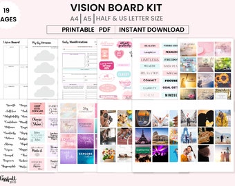 Può includere: Un kit di bacheca visiva stampabile con 19 pagine in formato A4, A5, metà e lettera americana. Il kit include una varietà di pagine per creare una bacheca visiva, tra cui pagine "Vision Board", "My Big Dreams", "Daily Manifestation" e "Self-Care". Il kit include anche una varietà di adesivi con affermazioni positive e citazioni motivazionali.