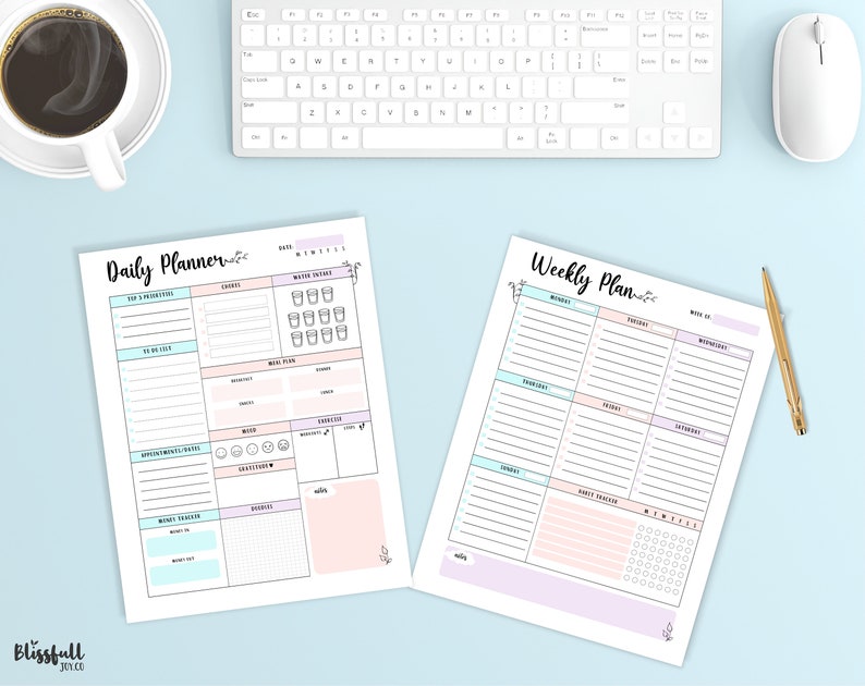 May include: Printable daily and weekly planner pages with pastel blue, pink, and purple accents. The daily planner includes sections for top priorities, to-do list, appointments, mood, water intake, meals, exercise, and notes. The weekly planner includes sections for Monday through Sunday, habit tracker, and notes.
