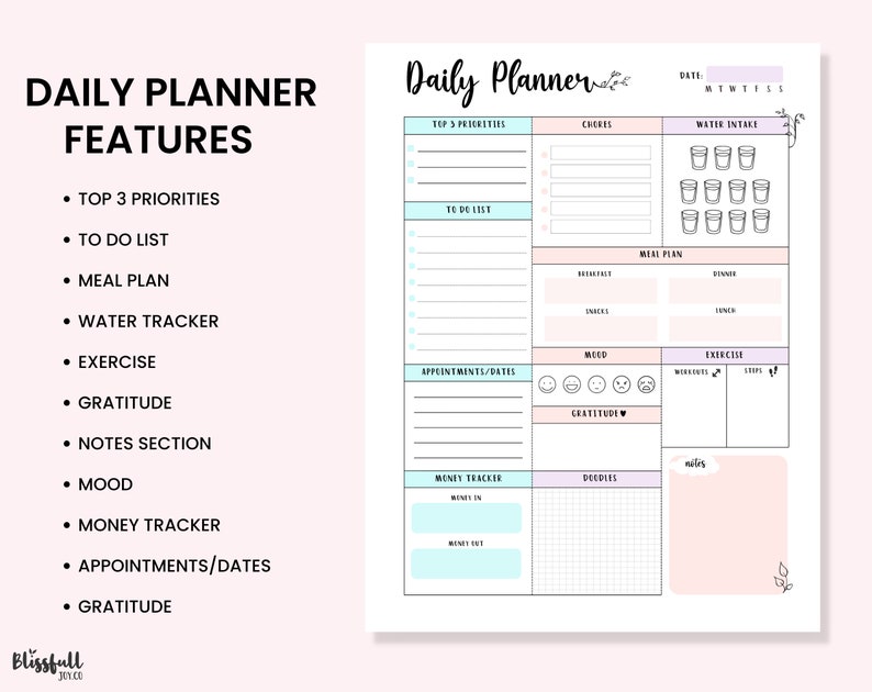 May include: A printable daily planner with sections for top 3 priorities, to do list, meal plan, water intake, exercise, mood, money tracker, appointments, and gratitude. The planner has a light pink and blue color scheme with floral accents.