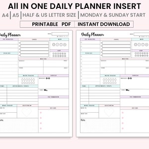 All In One Daily Planner Printable, Planner Inserts, Productivity Planner, Daily Organizer, Undated A4, A5, half & Us letter Size PDF
