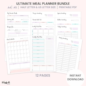 May include: Printable meal planner bundle in A4, A5, half letter and US letter sizes. The bundle includes 12 pages with sections for favorite meals, grocery lists, recipes, weekly meal plans, freezer, spice, kitchen, fridge and pantry inventories, and a meal calendar.