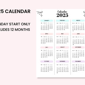 May include: A printable 2025 calendar with a Monday start. The calendar includes all 12 months and is designed with a pastel color scheme. Each month is displayed in a separate box with a light blue, pink, or purple background.