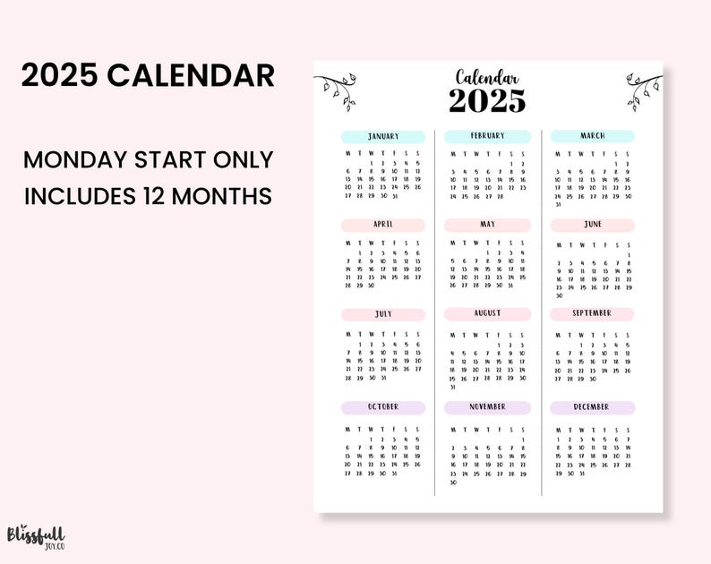May include: A printable 2025 calendar with a Monday start. The calendar includes all 12 months and is designed with a pastel color scheme. Each month is displayed in a separate box with a light blue, pink, or purple background.