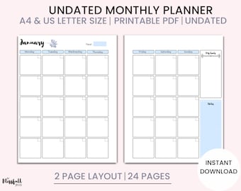 Monthly Planner Undated, Two Pages , Monthly Calendar, Monthly Planner Printable, Monthly Calendar PDF Printable Inserts, US letter, A4