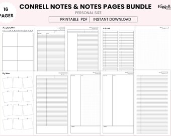 May include: A printable PDF bundle of 16 pages of blank note pages in various formats, including lined, grid, and blank. The pages are designed for personal use and are perfect for taking notes, journaling, or brainstorming.