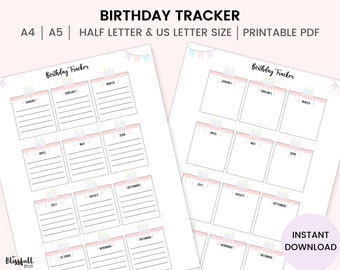 Birthday Tracker Printable, Birthday Calendar, Birthday Planner, Instant Download US letter, A4, A5, Half letter PDF Printable