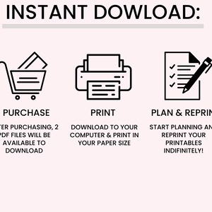 May include: A graphic showing three steps to download and print a printable: purchase, print, and plan & reprint. The graphic includes icons for a shopping cart, a printer, and a checklist with a pen.