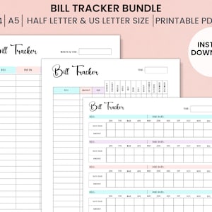 Druckbare Bill Tracker Einsätze, monatlicher Bill Tracker, jährlich, Bill Organizer, Bill Zahlungsplaner, A4, A5, US Letter, halber Buchstabe, PDF