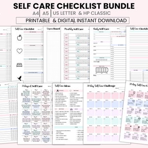 Lista de verificación de autocuidado, autocuidado diario, diario de autocuidado, seguimiento de autocuidado, reto de autocuidado de 30 días, A4, A5, carta de EE. UU., PDF de HP