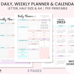 May include: Printable daily, weekly, and yearly planner pages in a light pink, blue, and purple color scheme. The pages include sections for daily tasks, weekly goals, meal planning, water intake, mood tracking, and a 2025 calendar.