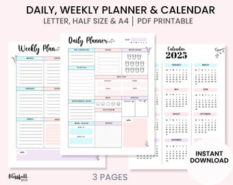 Daily Planner , Weekly Planner, 2025 Calendar, Planner set, Planner Inserts, Instant Download, A4, Letter, Half Size, PDF Printable