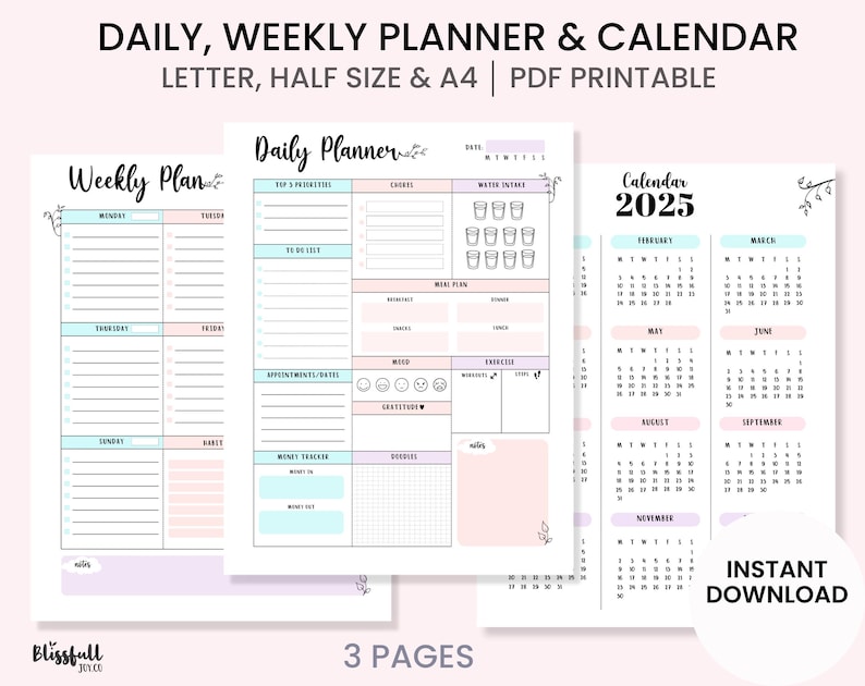 May include: Printable daily, weekly, and yearly planner pages in a light pink, blue, and purple color scheme. The pages include sections for daily tasks, weekly goals, meal planning, water intake, mood tracking, and a 2025 calendar.