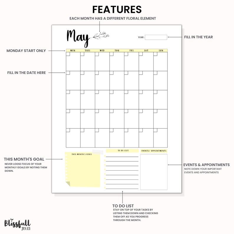 Undated Calendar Planner Insert , Monthly Planner, Monthly Calendar, to ...