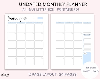 May include: A two-page undated monthly planner with a white background. The left page shows a calendar grid for the month of January. The right page includes a to-do list and space for notes. Text includes "Undated Monthly Planner" and "Printable PDF."