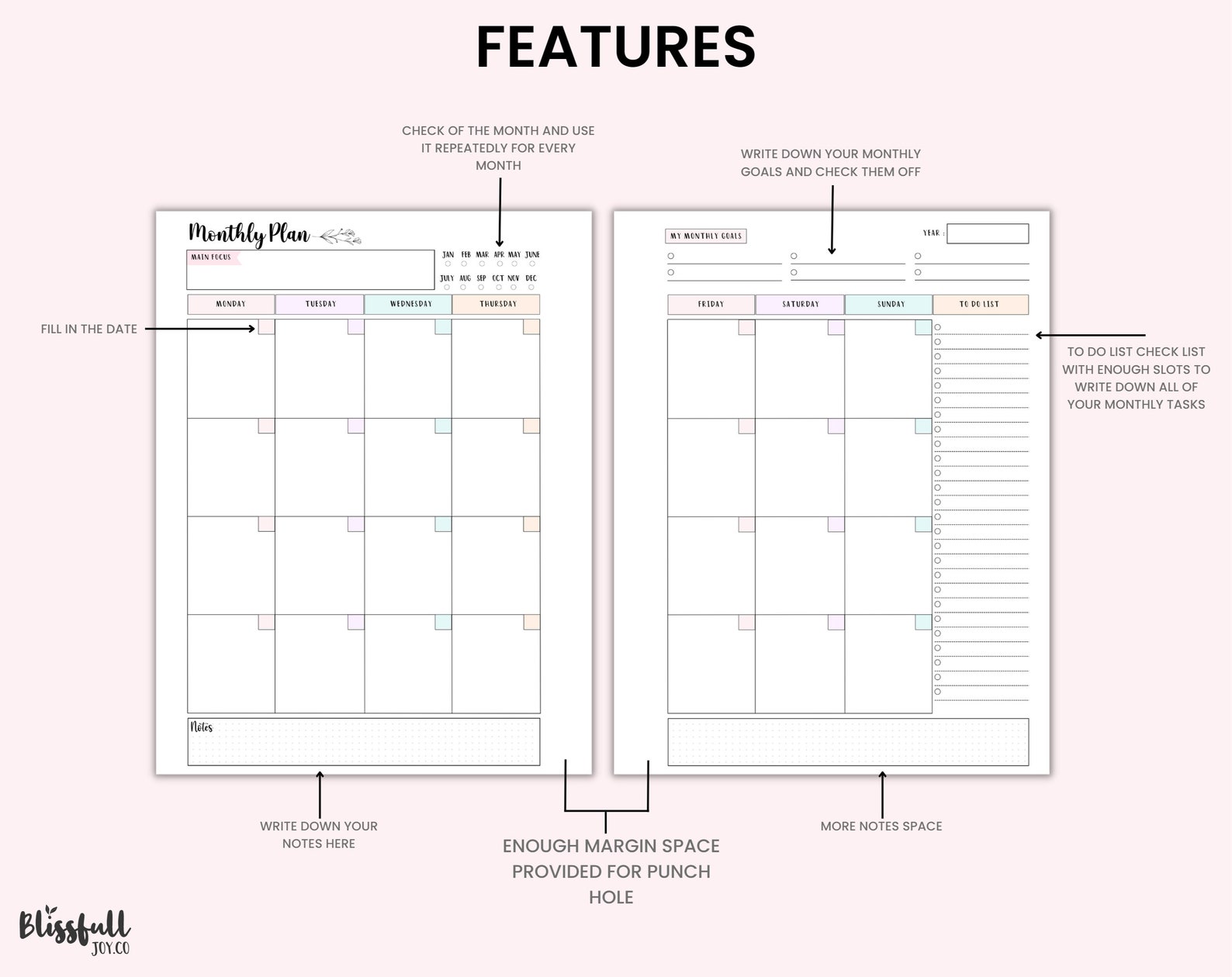 Undated Pastel Monthly Planner, Printable 2 Page Spread , Heart ...