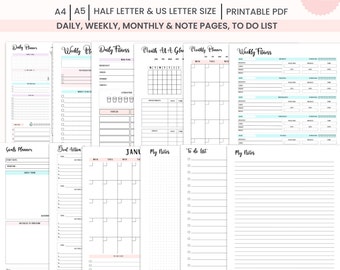 Planificador imprimible: diario, semanal y mensual, con lista de tareas, hojas de notas y encartes, en formato A4, A5, tamaño carta, media carta y PDF.