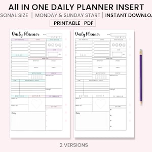 Personal Size Daily Planner, Planner Insert , Undated, Task list, Daily Plan, Daily Agenda, Productivity Planner, 2 Versions PDF Printable