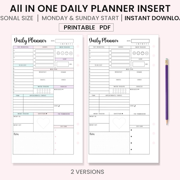 Personal Size Daily Planner, Planner Insert , Undated, Task list, Daily Plan, Daily Agenda, Productivity Planner, 2 Versions PDF Printable