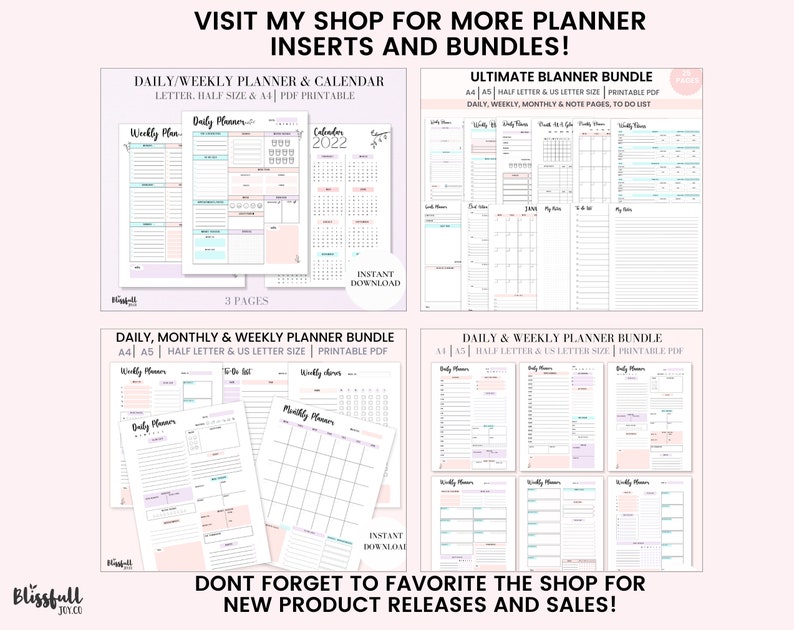Peut inclure: Ensemble de planificateurs imprimables avec des pages de calendrier quotidiennes, hebdomadaires et mensuelles. Les pages sont de couleur rose, bleue et verte avec un motif quadrill&eacute;. Le texte sur la page indique "Ultimate Planner Bundle" et "Daily, Weekly, Monthly & Note Pages, To Do List".