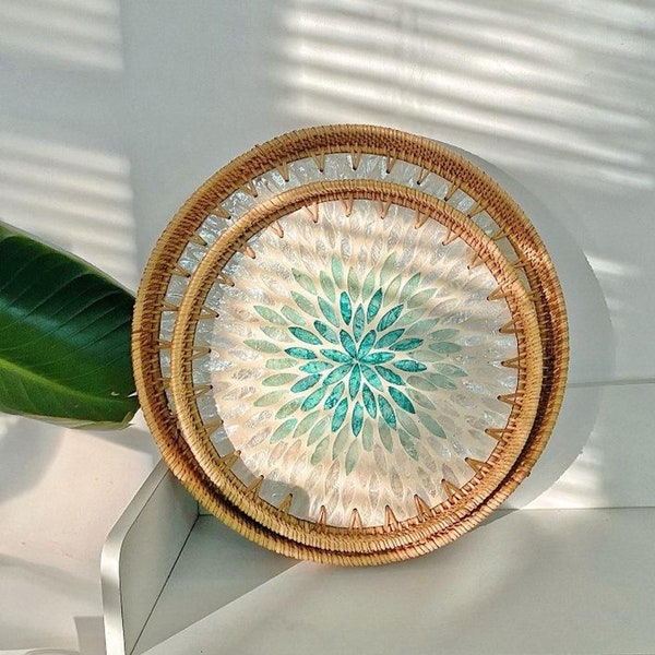 Mother Of Pearl Lacquer Tray | Rattan with Pearl Inlay | Rattan Woven Tray, Wicker Wooden Serving | Round Tray | Handmade