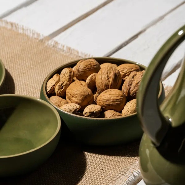 Handcraft Ceramic Stoneware Tapas Bowls | Serving Pottery 5.9" | Single Serve Salad Pasta Bowl |Kitchen Tableware Decor | Matte Green White