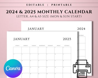 Modèle imprimable de calendrier 2025 2024 MODIFIABLE, calendrier mensuel Canva PDF, agenda mensuel minimaliste, lettre A4 A5 paysage imprimable