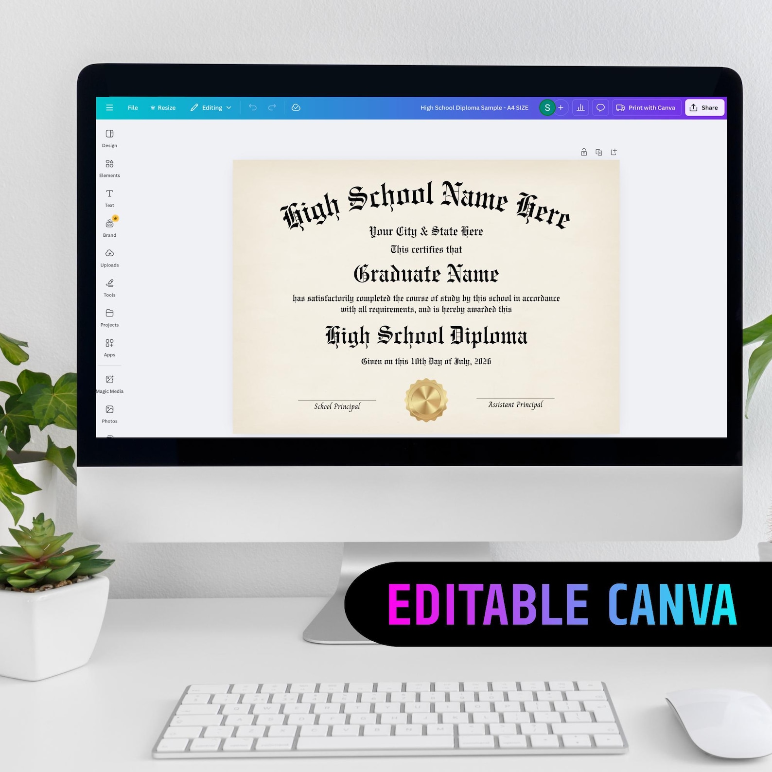 Editable High School Diploma Template Printable | Editable Canva ...