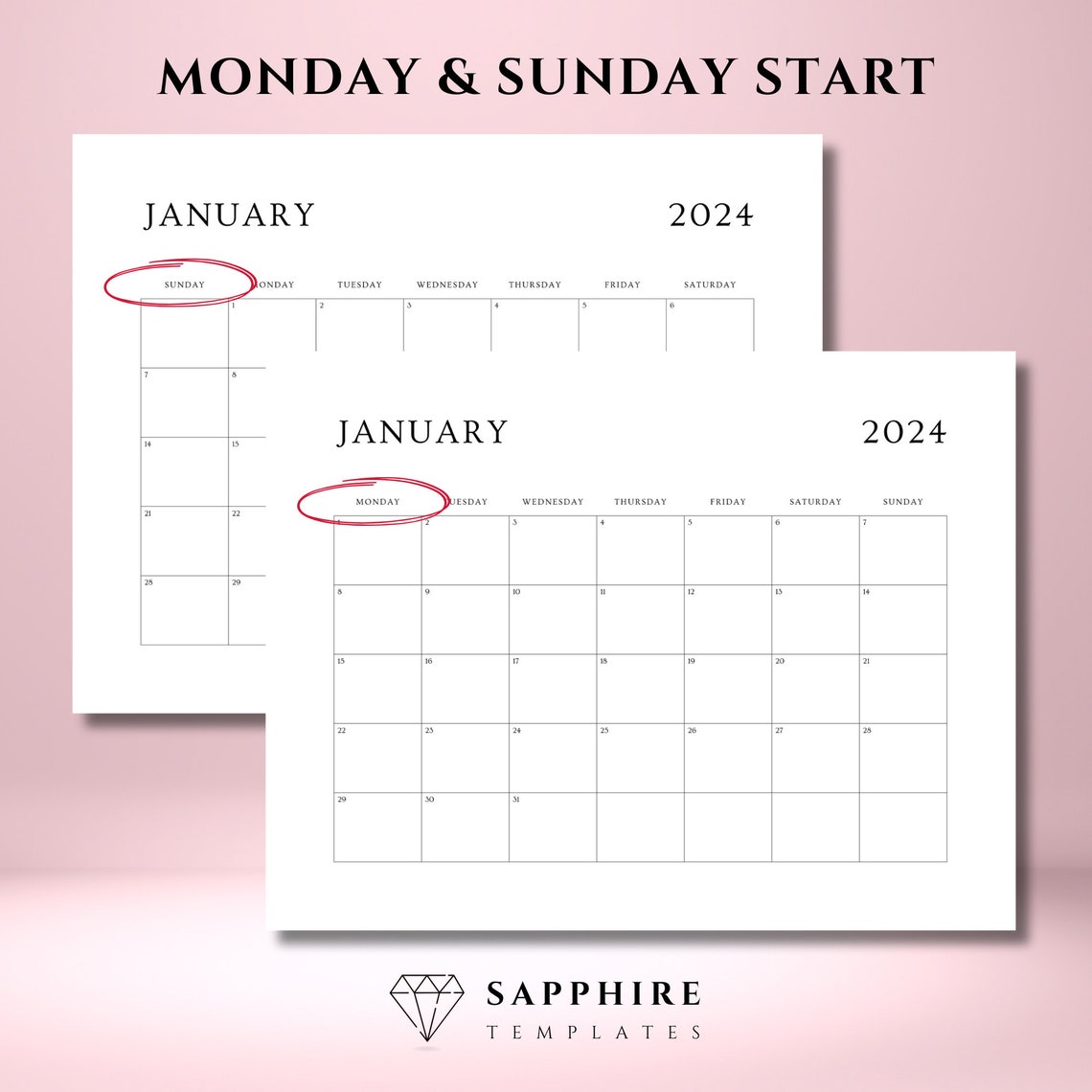 EDITABLE 2024 Calendar Printable Template, Canva Monthly Calendar