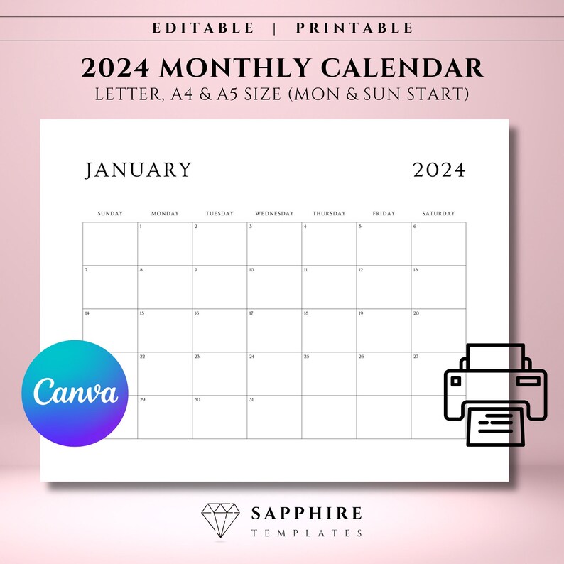 EDITABLE 2024 Calendar Printable Template, Canva Monthly Calendar