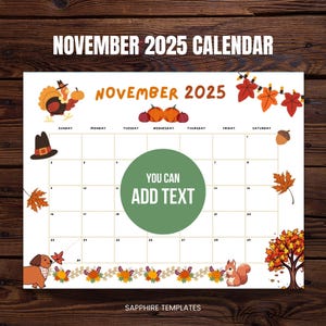 November 2025 Calendar Fillable Monthly, Cute Autumn Planner Thanksgiving, Printable Monthly Planner Editable Kids School Schedule Work PDF