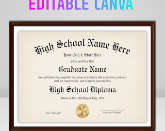 Editable High School Diploma Template Printable | Editable Canva Template | Fake Graduation Certificate Homeschool DIY | A4 Letter Size